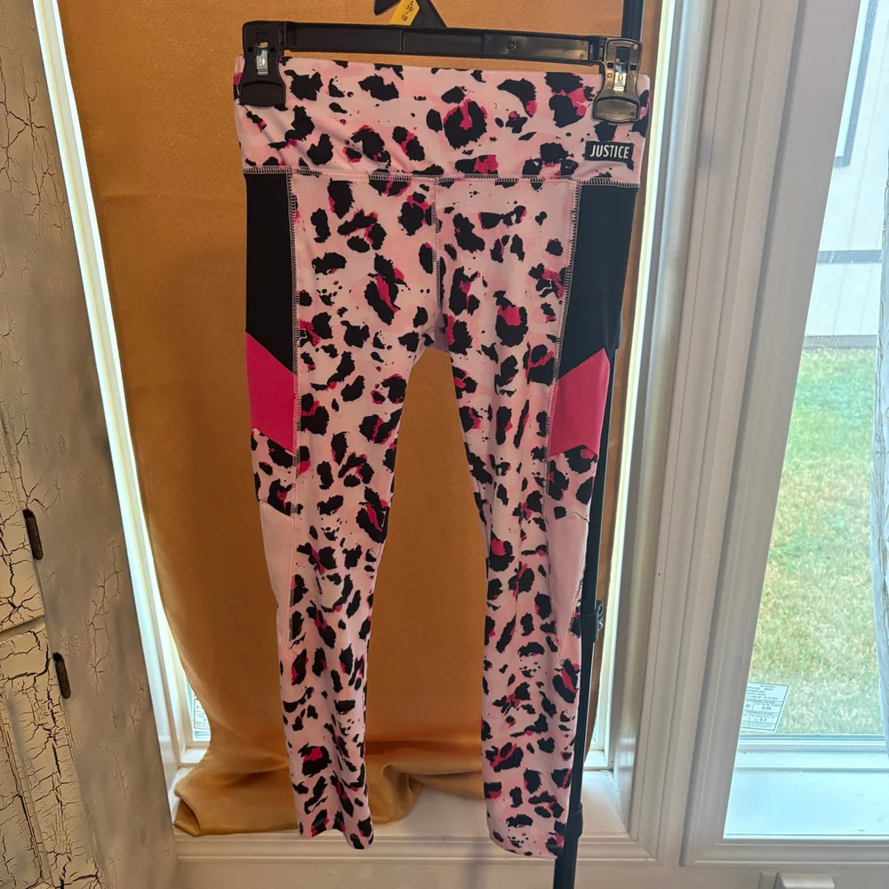 Justice Girls Leggings Activewear Pink Black Leopard Animal Print Size 10 Sporty